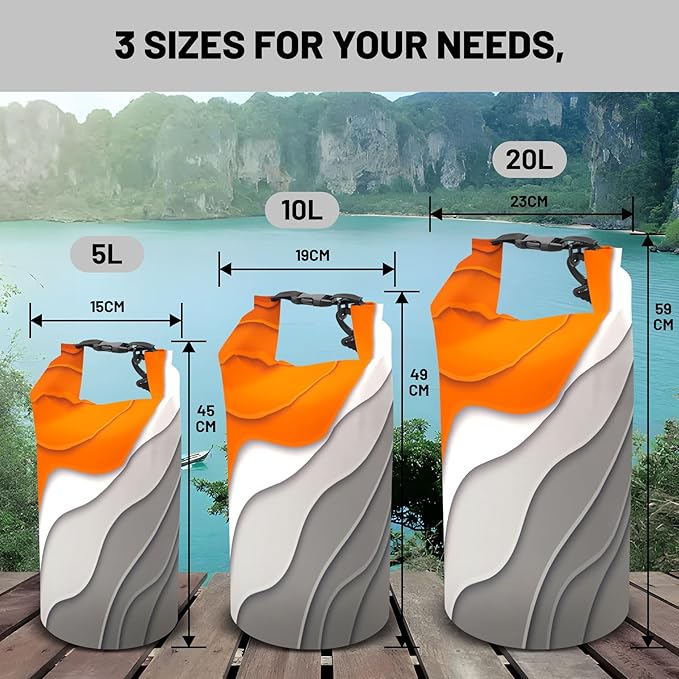 Waterproof Dry Bag,Roll Top Orange Gray Geometric Modern Small Waterproof Backpack 5L/10L/20L Floating Lightweight Bags for Kayaking, Boating, Fishing, Swimming Camping with Waterproof Phone Case