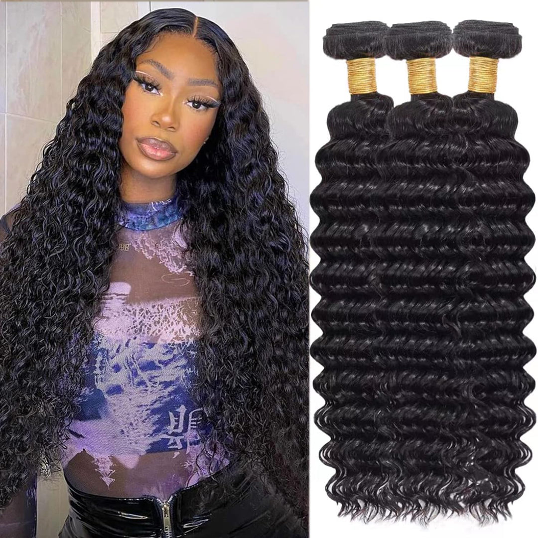 Deep Wave Human Hair Bundles 20 22 24 Inch Water Wave Bundles 12A Brazilian 100% Unprocessed Virgin Human Hair Wet and Wavy Bundles Double Weft Deep Curly Weave 3 Bundles Natural Black