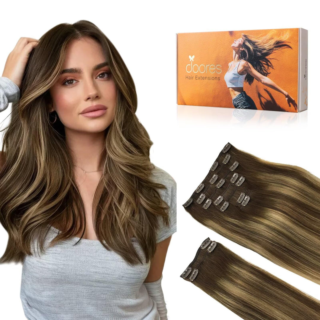 Doores Clip In Hair Extensions, Balayage Chocolate Brown To Caramel Blonde 150G 9Pcs 22 Inch Remy Human Hair Extensions, Natural