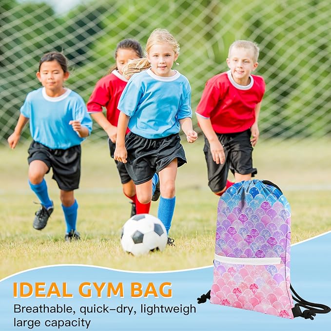 Slohif Drawstring Backpack Beach Swim Bag for Kids Draw String Dance Travel Cinch Ballet Gym Bags for Girls Boys Mermaids Waterproof Backpack for Swimming Summer Camp Pool Sports Nylon Large