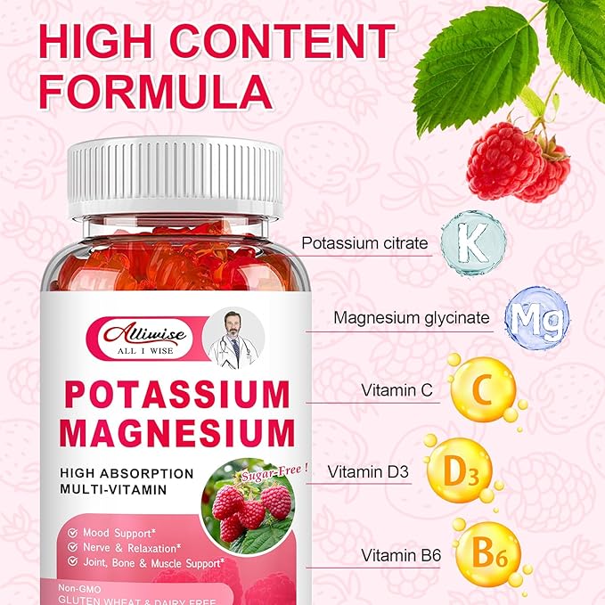 Potassium Magnesium Supplement Gummies with Potassium Citrate & Magnesium Glycinate for Bone & Muscle Relaxation,Mood & Energy Support.High Absorption Vitamin B6, D3, C.Raspberry Flavor