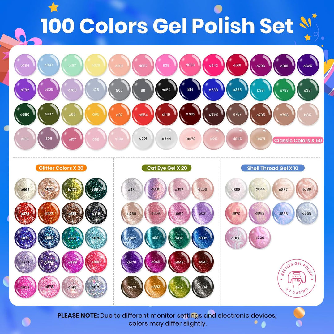 Beetles 23-Pc Glitter Gel Nail Polish Set | Brown, Pink, Blue, Green | UV Soak Off
