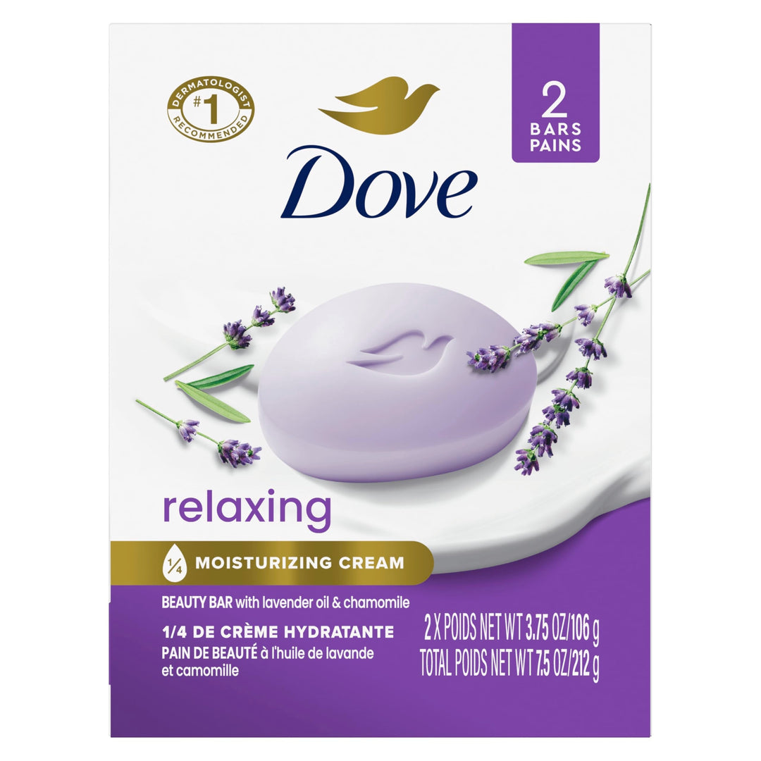 Dove Beauty Bar Soap Relaxing Lavender Oil & Chamomile 2 Bars For Moisturized Skin, Calms Dry Skin 3.75 Oz
