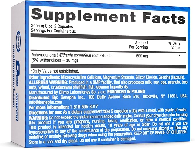 Ashwagandha 600 Sport Caps. Organic Ashwaganda Root Extract (KSM-66) High Dose (60 Capsules)