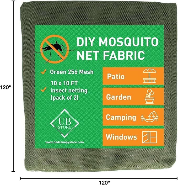 Green DIY Mosquito Net Fabric | 10x10 FT Netting 2 Pack | Insect Cover for Garden, Patio, Outdoor & Windows | Multiple Sizes in Black, White & Green | Raised Bed Screen Mesh Barrier