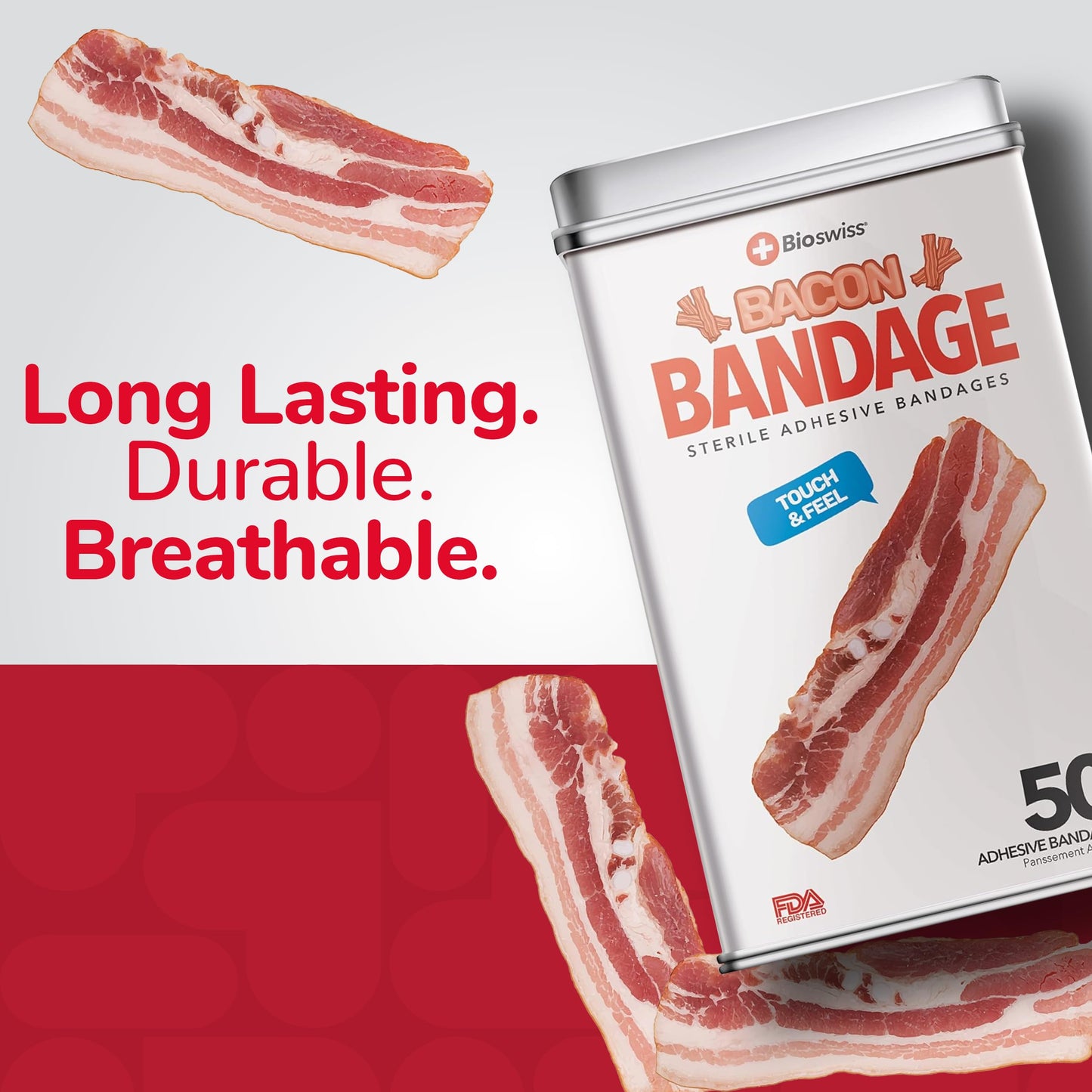 BioSwiss Bandages, Bacon Shaped Self Adhesive Bandages, Latex Free Sterile Wound Care, Fun First Aid Kit Supplies for Kids, 50 Count