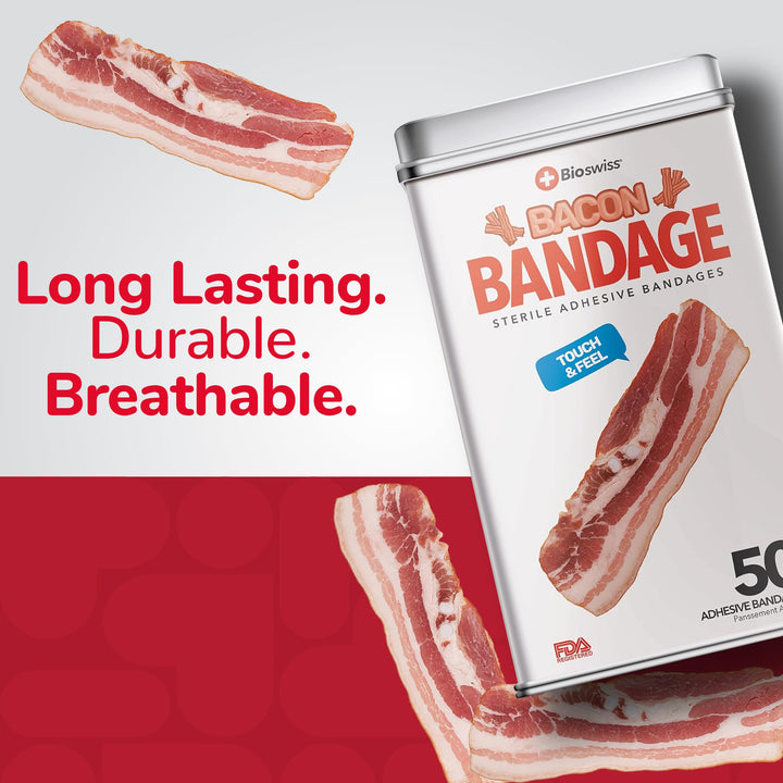 BioSwiss Bandages, Bacon Shaped Self Adhesive Bandages, Latex Free Sterile Wound Care, Fun First Aid Kit Supplies for Kids, 50 Count