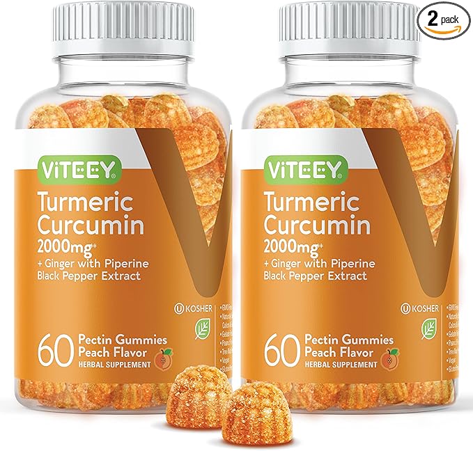 Turmeric Curcumin Gummies with Ginger & Black Pepper Herbal Supplement, 2000mg, Immune Support, Healthy Skin, and Joint Health, Vegan, Pectin Based, for Adults and Teens - Chewable Peach Flavor(2Pack)