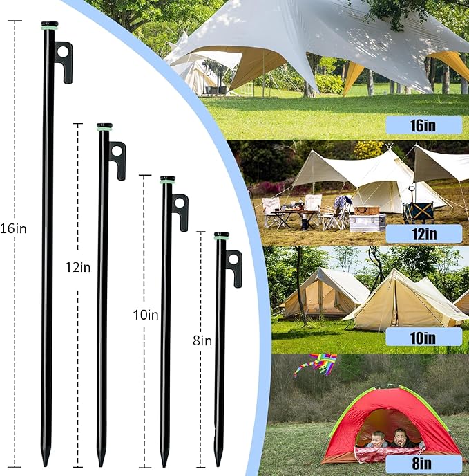 8 Pack Tent Stakes with Hammer, 16in Heavy Duty Tent Stakes + 12in Tent Stakes Hammer+Storage Pouch, Forged Steel Tent Stakes for Camping Used on Rocks(8Pcs 16in Tent Stakes and Hammer)