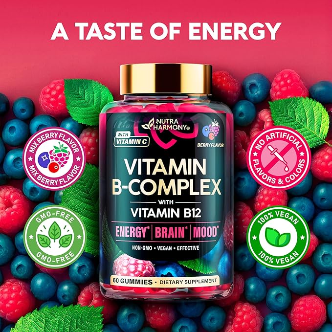 Vitamin B-Complex Gummies for Women & Men - Vitamin B12, B1, B2, B3, B5, B6, B7 & B9 - B Complex with Vitamin C & Choline - Energy, Brain & Mood - Natural Berry Flavor, Vegan - 60 Gummies for 2 Months