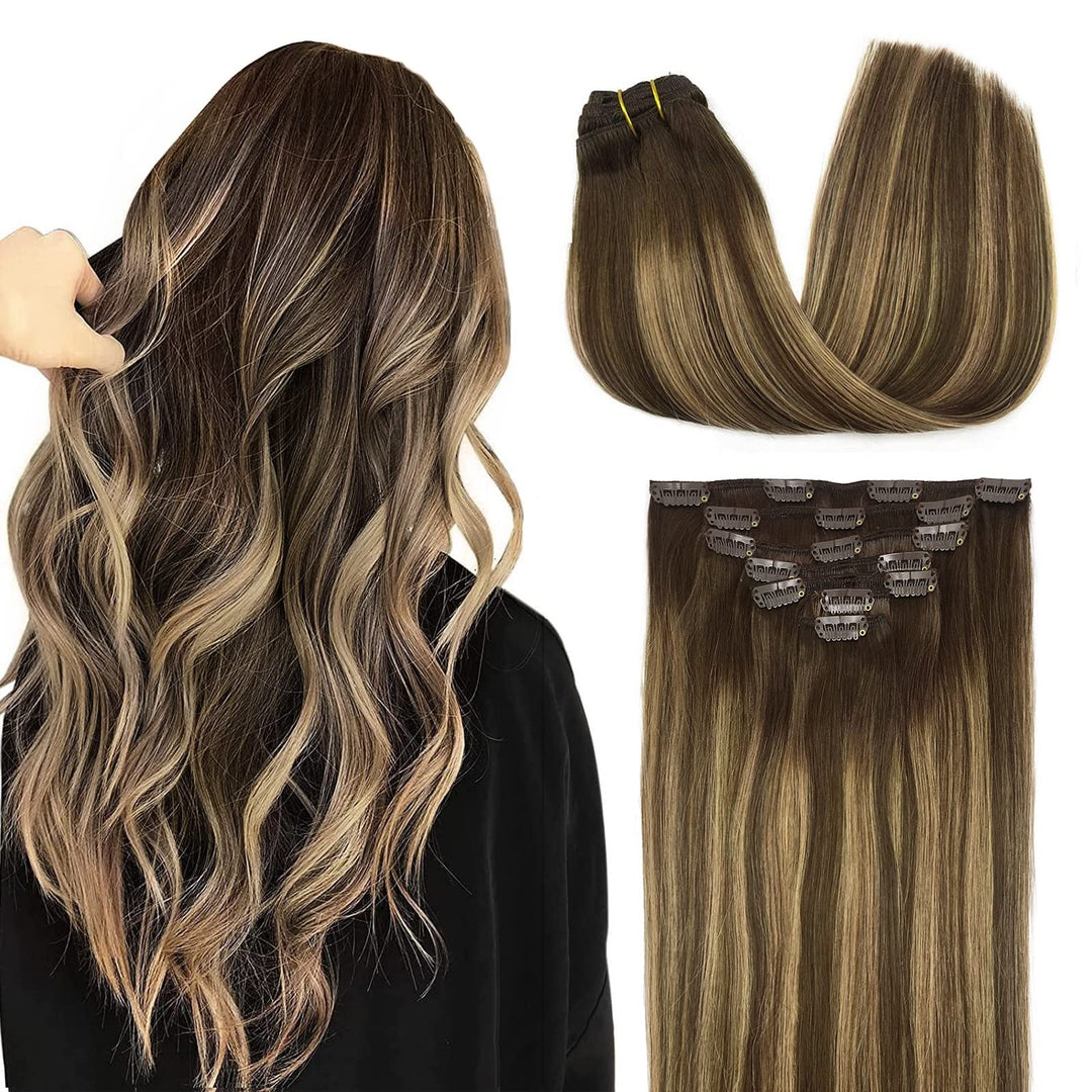 Doores Clip In Human Hair Extensions Balayage Chocolate Brown To Caramel Blonde 120G 7Pcs 14 Inch Straight Real Hair Extensions