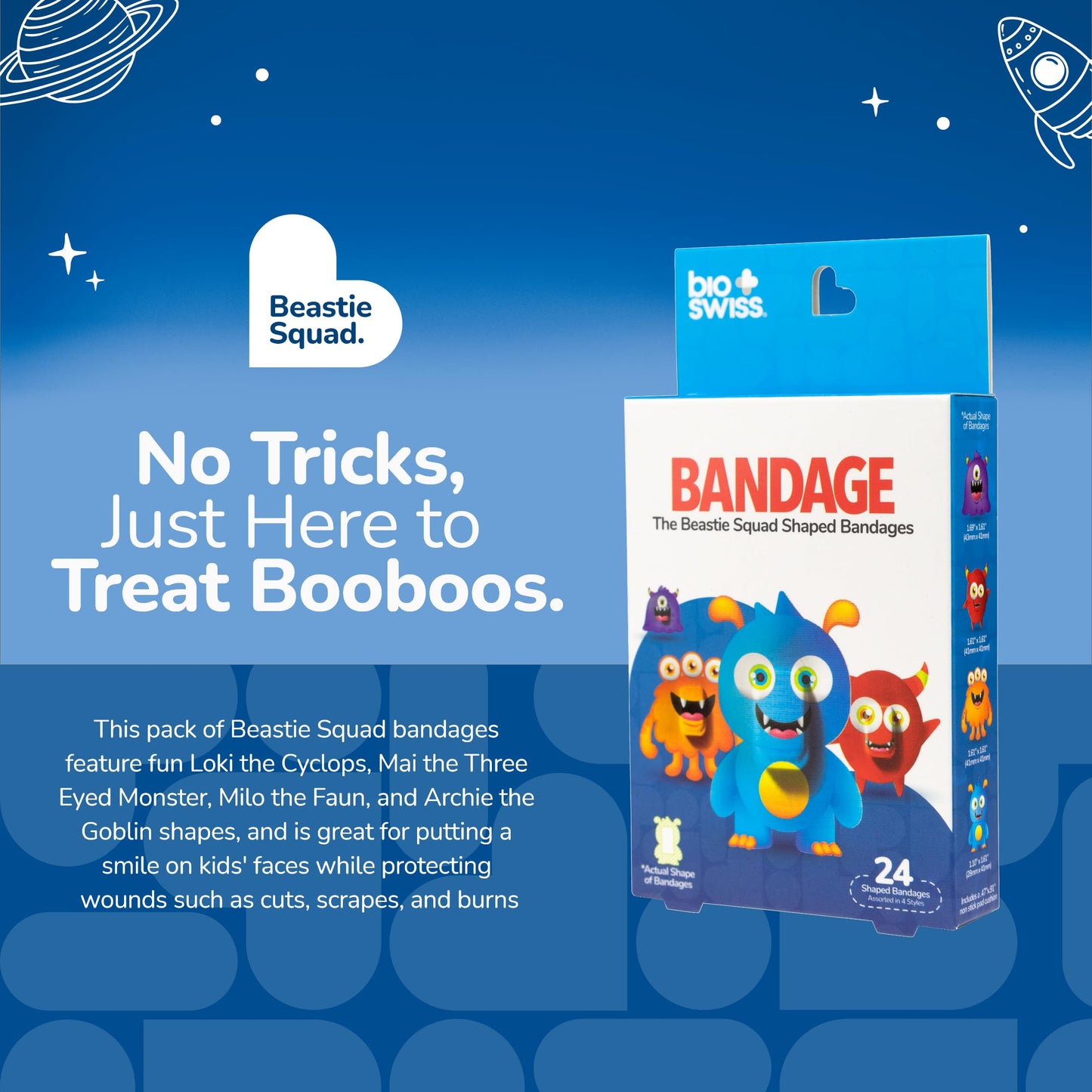BioSwiss Bandages, Beastie Squad Shaped Self Adhesive Bandage, Latex Free Sterile Wound Care, Fun First Aid Kit Supplies for Kids and Adults, 24 Count