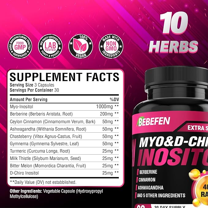 BEBEFEN Inositol Supplement - Myo-Inositol and D-Chiro Inositol Ideal 40:1 Ratio - Plus Berberine, Cinnamon, Ashwagandha + 5 More - 90 Capsules