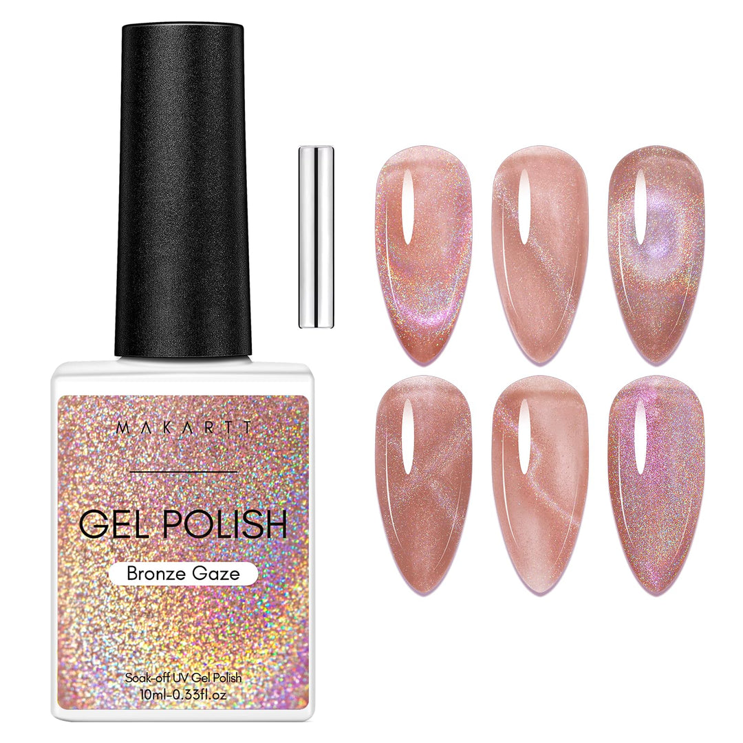 Makartt Cat Eye Gel Nail Polish Universal Rainbow Holographic Gel Polish Bronze Gaze Sparkly Glitter Unique Magnetic Effect Nail Gel for DIY Nail Art UV LED Soak Off Manicure 10ml