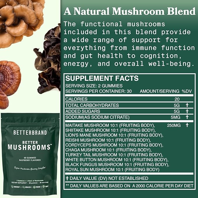 Betterbrand BetterMushrooms Mushroom Gummies to Support Gut Health, Metabolism, Energy, Focus - Lion's Mane, Cordyceps, Chaga & Maitake Mushroom Supplement - Maintains Healthy Immune System