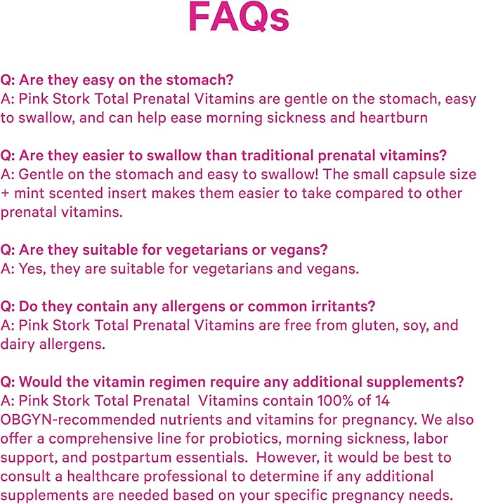 Pink Stork Total Prenatal Vitamins with DHA, Folate, Iron, Choline, and Vitamin B12 - Preconception Nutrition - Prenatals for Women, Pregnancy Must Haves - Mint Essence, 60 Capsules, 1 Month Supply