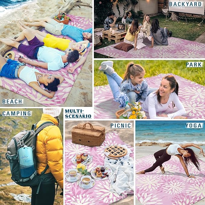 Beach Blanket Sandproof Waterproof 78''×81''1-5 Adults Oversized,Compact Lightweight Durable Beach Mat for Travel Camping Hiking Picnic Blanket