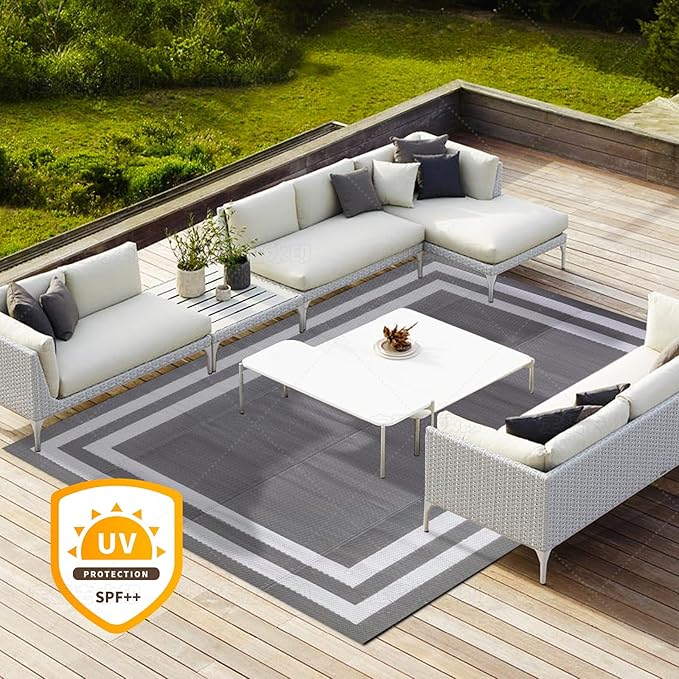 5'x 8' Outdoor Rug,Waterproof Reversible Patio Rugs,5x8 ft Plastic Straw Outdoor Carpet Foldable Plastic Camping Mat for Outside RV, Patio,Picnic,Camper,Balcony,Porch(White&Gray)