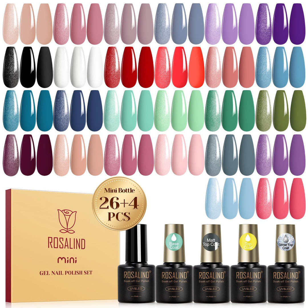 ROSALIND 30PCS Gel Nail Polish Set with Base Coat and Glossy Matte Glitter Top Coat Gel Polish, 26 Multicolored Gel Nail Set for Beginners Nail Art at Home