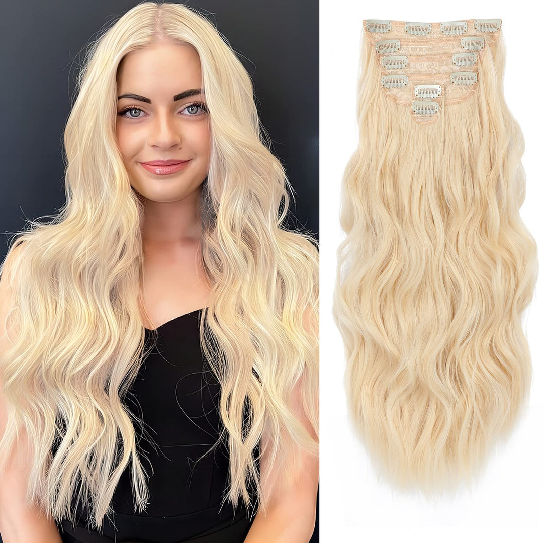 NAYOO Clip in Hair Extensions for Women 20 Inch Long Wavy Curly Light Blonde Hair Extension Full Head Synthetic Hair Extension Hairpieces (6PCS, Light Blonde)