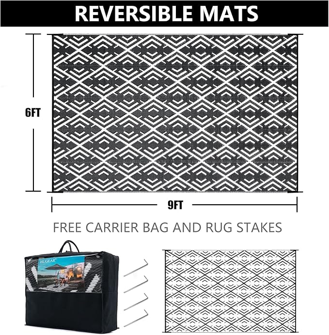 RV Outdoor Rug Waterproof Mat Outdoor Rugs 6'x9' for Patios Clearance Carpet Outdoor Camping Rugs Large Plastic Straw Rug(Geometric Black&White)