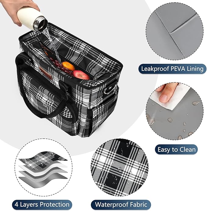 MIYCOO Lunch Bag Lunch Box Women - Leakproof Insulated Lunch Cooler Bag for Women - Large Lunch Tote Bags Adults, Checkered Black and White