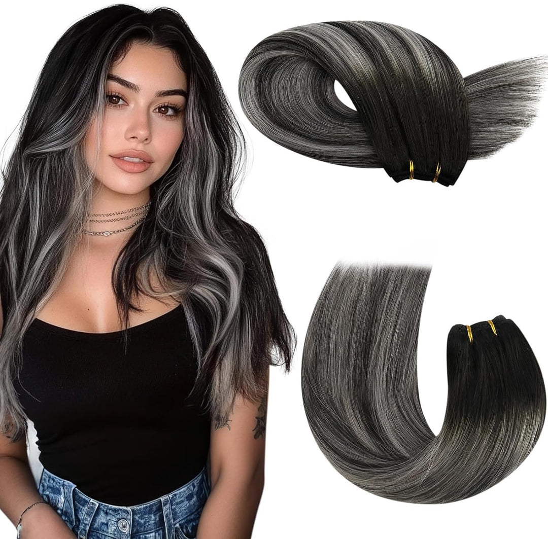 Moresoo Weft Hair Extensions Human Hair Balayage Black And Silver Remy Sew In Weft Extensions Human Hair Ombre Natural Black To