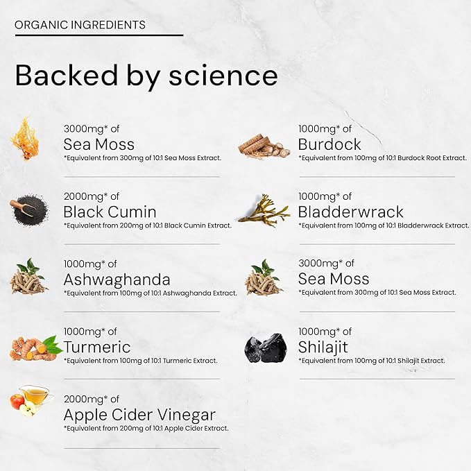 Restore - USDA Organic Superfood & Herbal Complex - 12,000mg - Sea Moss, Ashwagandha, Black Seed Oil, Turmeric, Shilajit & BioPerine® for Max Asorption- Energy, Immune & Detox Support (60 Capsules)