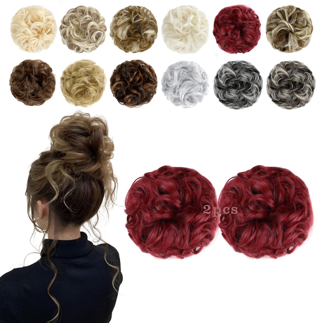 FeidyLong 2 PCS Messy Bun Hair Piece Wavy Curly Scrunchies Synthetic Chignon Ponytail Hair Extensions Thick Updo Hairpieces for Women Girls(Dark Red)