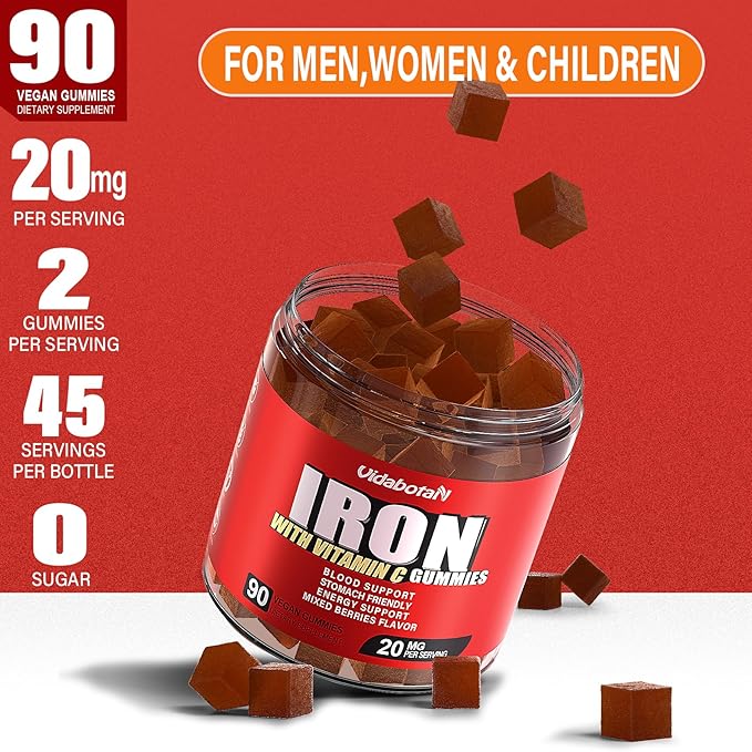 Sugar Free Iron Gummies for Women Men & Kids-Iron Supplement 20mg with Vitamin C for Iron Deficiency, No Rust Taste, Gentle Iron for Stomach, Mixed Berries Flavor, 90 Vegan Gummies.