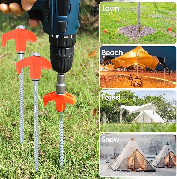8" Screw in Tent Stakes 8PCS - Ground Anchors Screw in, Screw in Tent Stakes Heavy Duty, Galvanized - Tent Pegs Camping Stakes, Metal Threaded Tent Spikes with Hex Head Driver and Storage Bags (4)