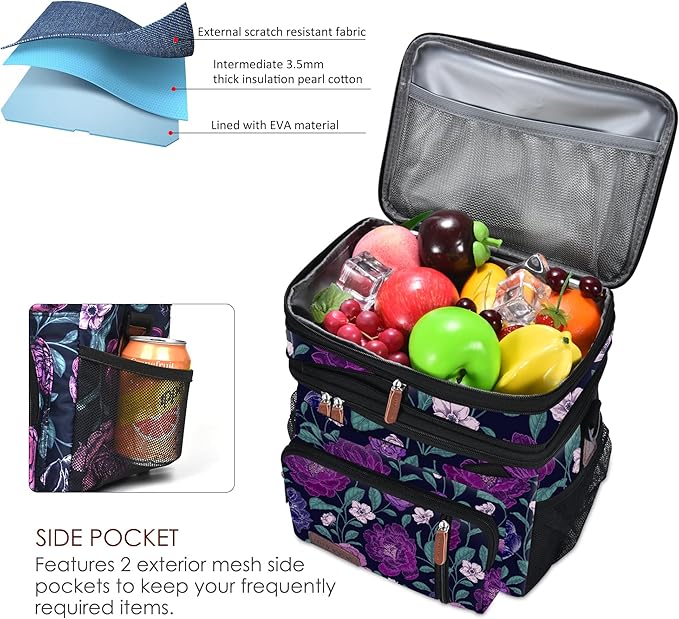 MIYCOO Lunch Bag for Women Men Double Deck Lunch Box - Leakproof Insulated Soft Large Lunch Cooler Bag, (Purple Flower,15L)