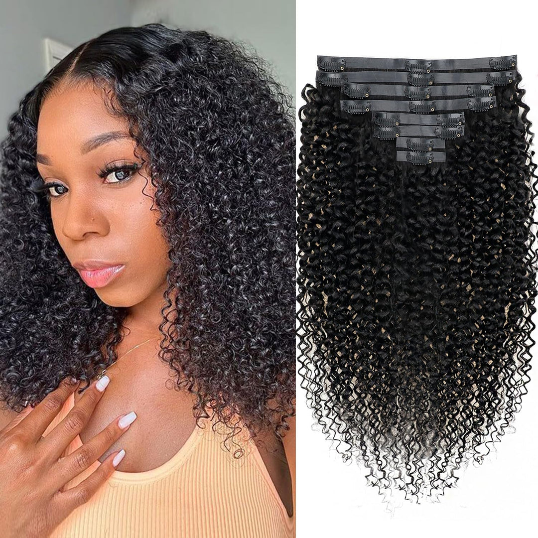Mihugass 3C 4A Kinky Curly Clip Ins for Women Seamless PU Weft Curly Clip in Extension Human Hair Brazilian Remy Human Hair Natural Black Clip ins 8 Pcs with 18 Clips 120g/Set (12 inch)