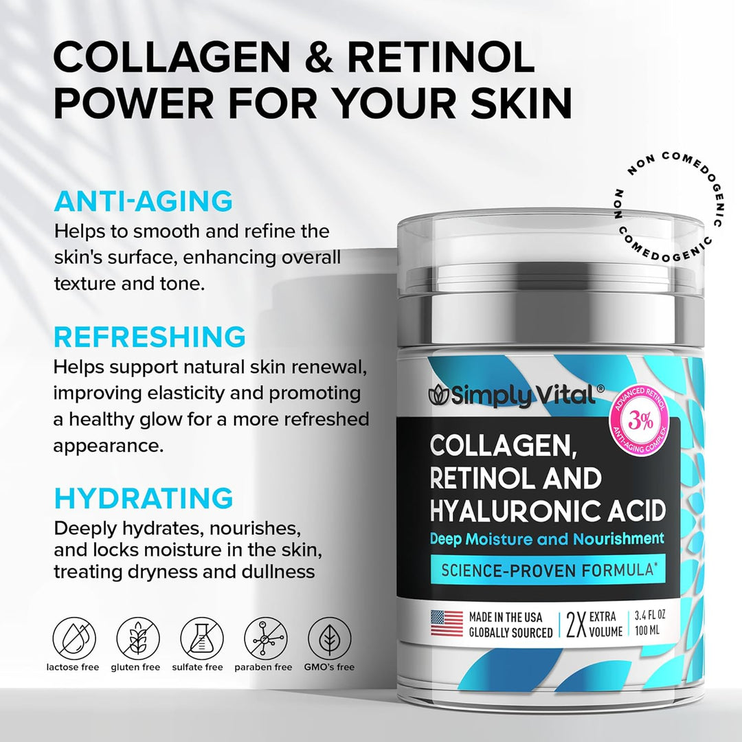 Anti-Aging Retinol Cream | Collagen & Hyaluronic Acid | Daily Moisturizer - 3.38 fl oz