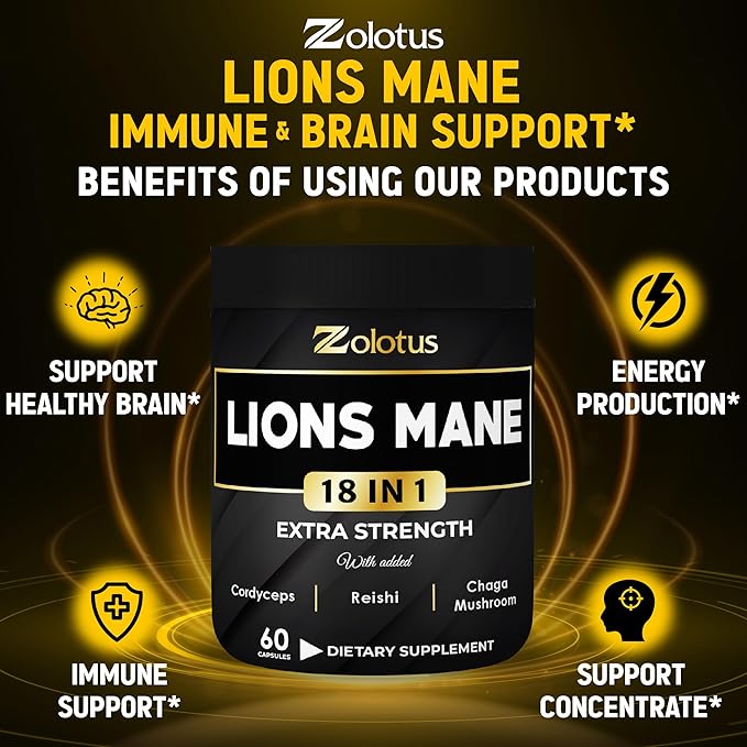 Zolotus Lions Mane Mushroom Capsules with Cordeyceps, Elderberry, Ginkgo Biloba, Bacopa - 60 Capsules