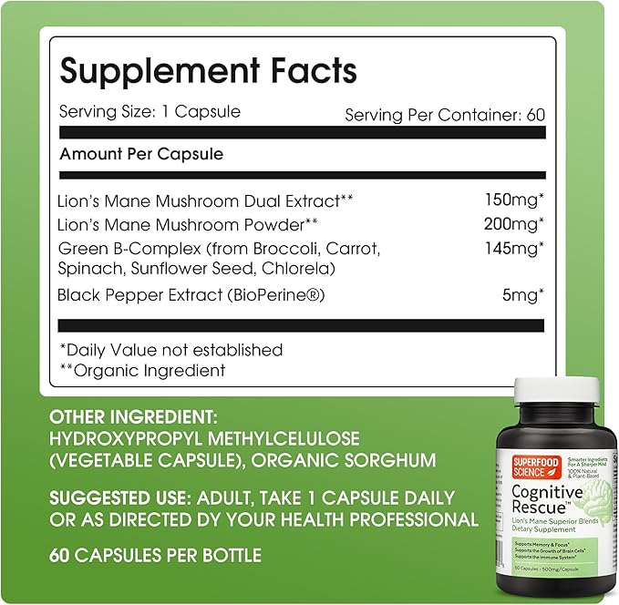 Cognitive Rescue, Lion's Mane Mushroom Capsules w/Lion's Mane Dual Extract, Nootropics, Brain Supplement for Memory and Focus, Mushroom Immune Support w/B Vitamins Complex, BioPerine, 60 Capsules