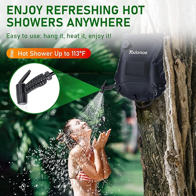 Portable Shower for Camping with 5-Gallon Solar Shower Bag,Temperature Gauge & Dual Spray Modes,Solar Heating PVC for Hot Showers,Perfect for Camping,Hiking,Beach Trips & Outdoor Adventures