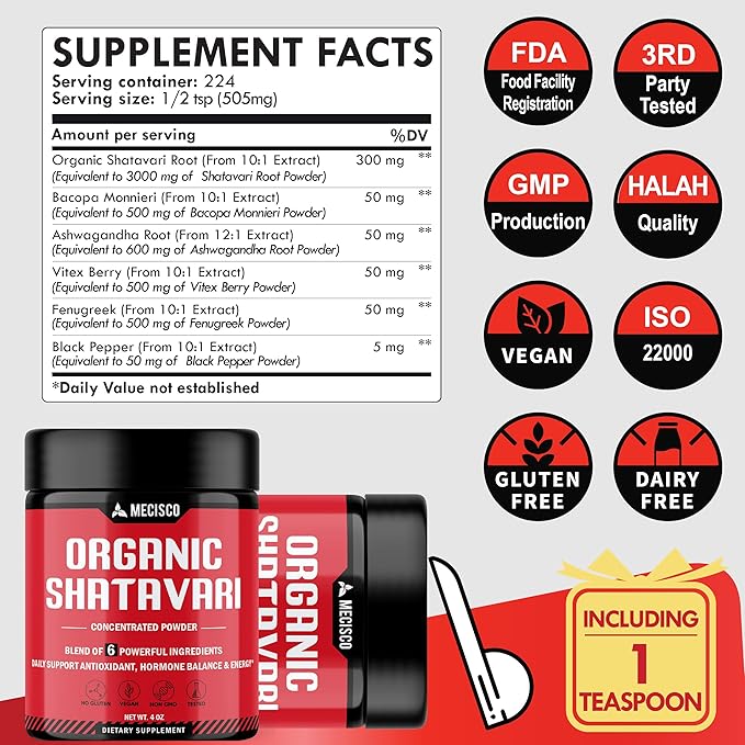 6in1 Shatavari Powder Organic - Blended with Shatavari Root, Bacopa Monnieri, Ashwagandha Root, Vitex Berry, Fenugreek & Black Pepper - Supports Rejuvenation, Promotes Energy & Vitality - 4 Oz