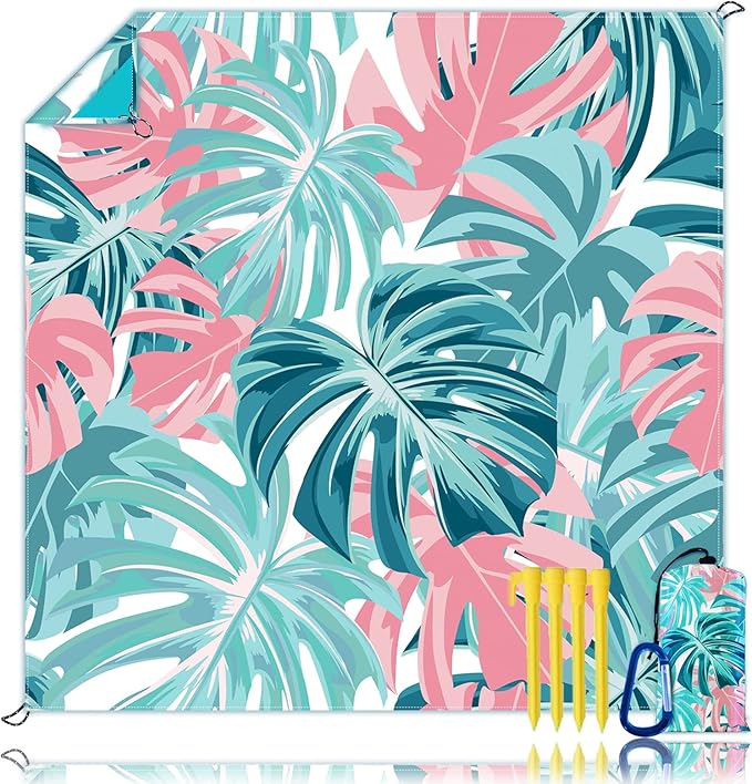 Beach Blanket, Waterproof Sandproof Beach Mat Oversized 79 X 83 Inch for 4-6 Adults, Lightweight Picnic Blanket, Portable Picnic Mat for Outdoor Travel Camping Hiking with 4 Stakes & 4 Corner Pocket