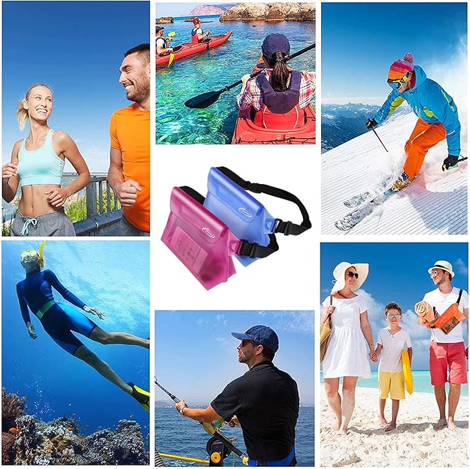 AiRunTech Waterproof Pouch with Waist Strap (2 Pack) | Adjustable Waterproof Dry Fanny Bag for Boating Swimming Kayaking Surfing | Beach Cruise Travel Accessories Essentials Vacation Must haves