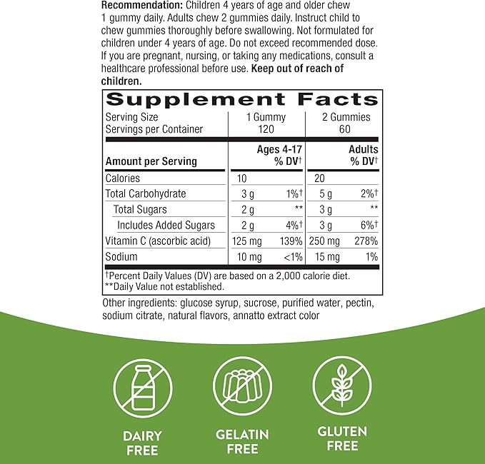 Nature’s Way Vitamin C Gummies, Support Immune Health*, Antioxidant, 250 mg per 2-gummy Serving, Orange Flavored, 120 Gummies (Packaging May Vary)