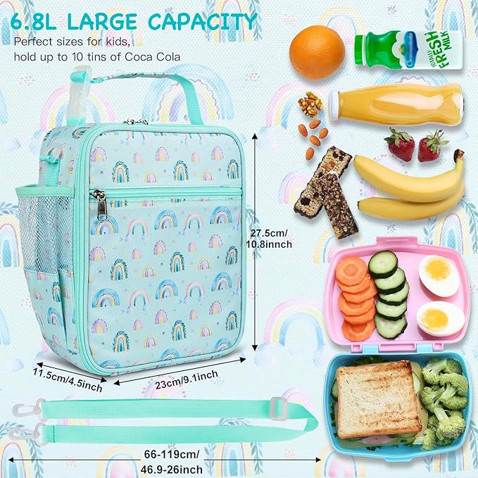 Kids Insulated Lunch Box Bag, Thermal Picnic Cool Bags with Adjustable Strap for Adults Children Women Men Boys Girls School Work (LakegreenRainbow)