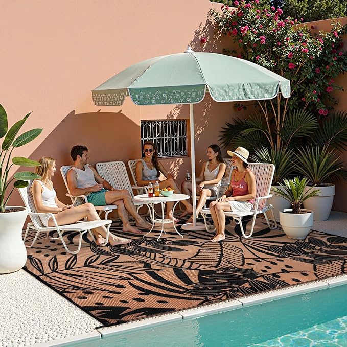 Anidaroel 8x10 Leaf Outdoor Rug for Patios Clearance, Waterproof Camping Rug for Outside RV, Reversible Plastic Straw Outside Area Rugs for Garden, Camper, Picnic, Beach(Black/Brown,8'x10')