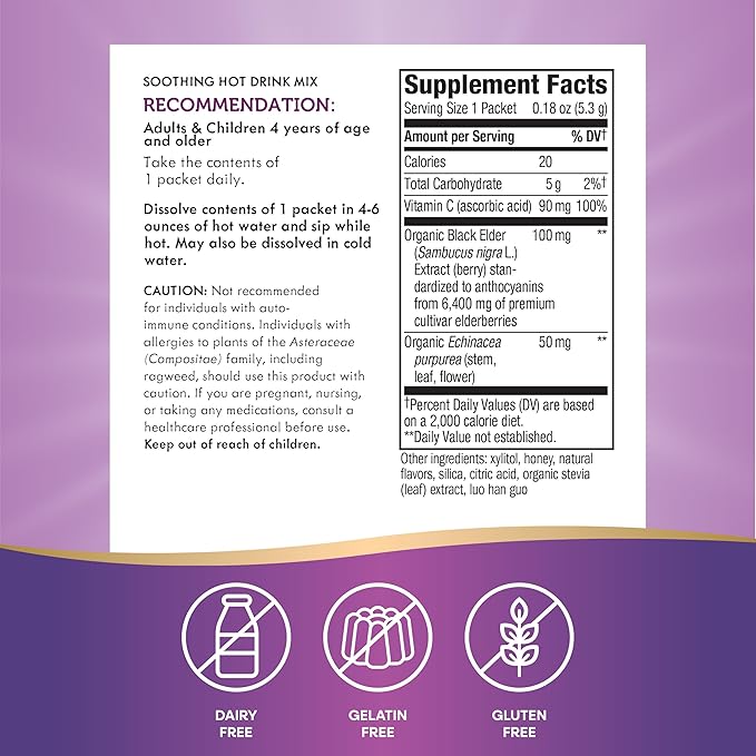 Nature's Way Sambucus Elderberry Hot Drink Mix with Vitamin C and Echinacea, Immune Support*, Honey Lemon-Berry Flavored, 10 Packets