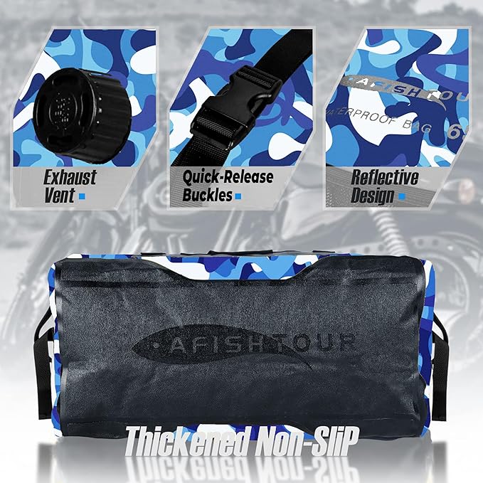 65L Waterproof Duffel Bag for Men and Women - Large Motorcycle Duffle Bag with Straps for Back Seat - Roll Top Dry Bag for Kayaking, Rafting, Boating, Swimming, Beach