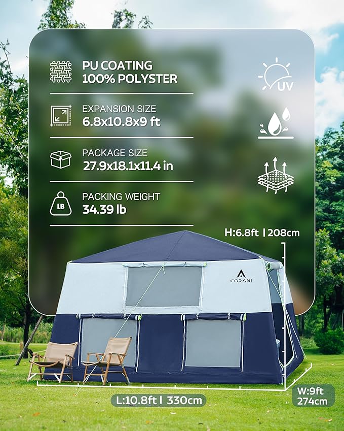 14.1'x6.5'x9' Inflatable Tents for Camping, Portable 6/8/10 Person Blow Up Air Tent, Waterproof Windproof Easy Setup Large Family Tent with 2 Doors, 6 Windows, Mosquito Screen