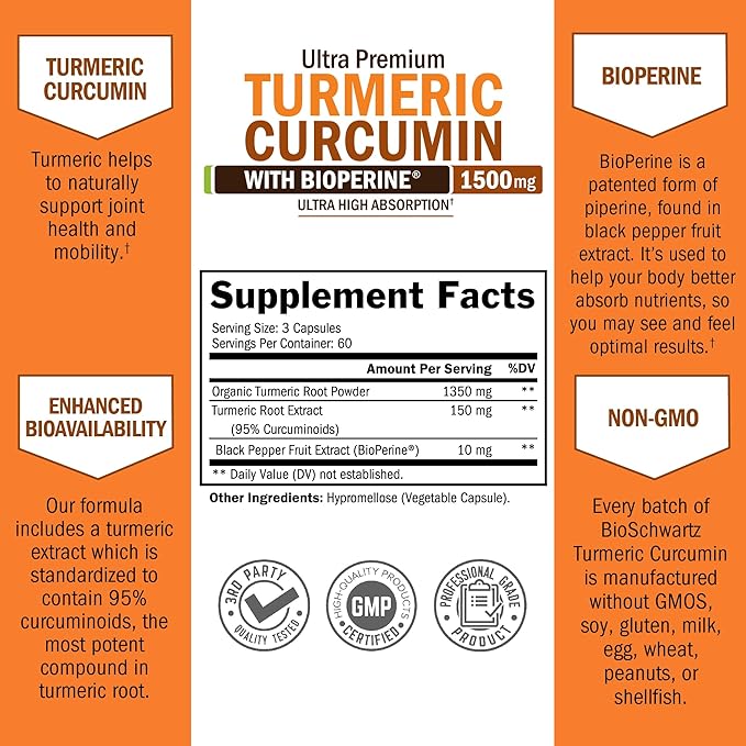 Turmeric Curcumin with Black Pepper Extract 1500mg - High Absorption Ultra Potent Turmeric Supplement with 95% Curcuminoids and BioPerine - Non GMO Tumeric Capsules for Joint Support - 180 Capsules