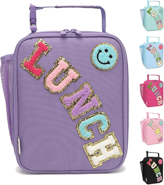 Insulated Lunch Bag for Women Girl Teen large Insulated Kid Lunch Bag,Large Reusable Cute Cooler Bag for School Work Picnic,Purple Alphabet