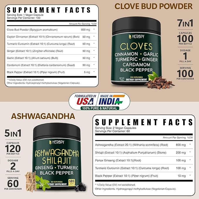 Bundle 7in1 Cloves Supplement and 5in1 Ashwagandha Shilajit - Supports Immune, Digestive Health, Relaxation, and Heart Health