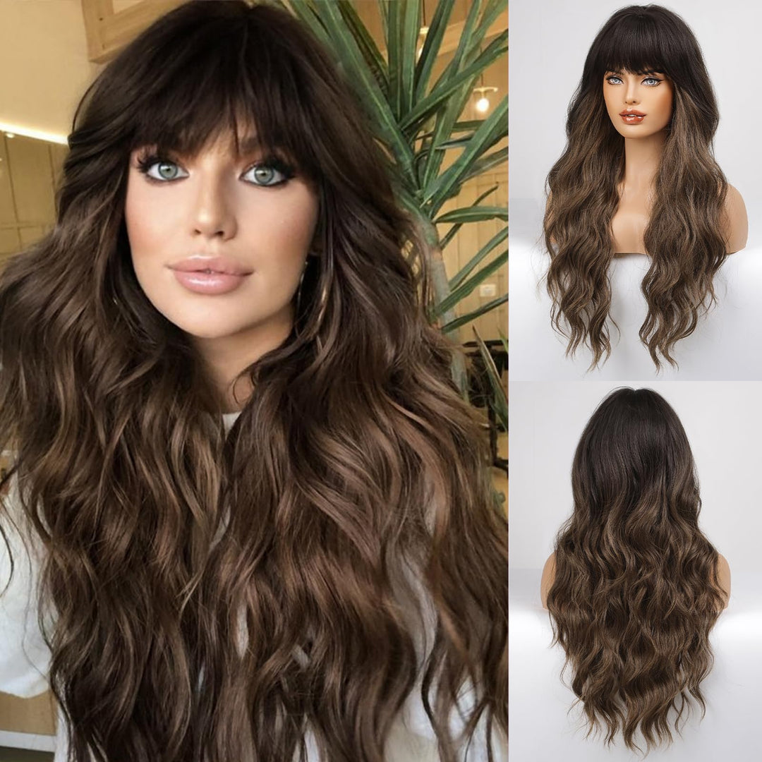 Haircube Ombre Brown Wig Long Curly Wig With Bangs Natural Appearance Heat-Resistant Synthetic Wig Suitable For Fashionable Wome